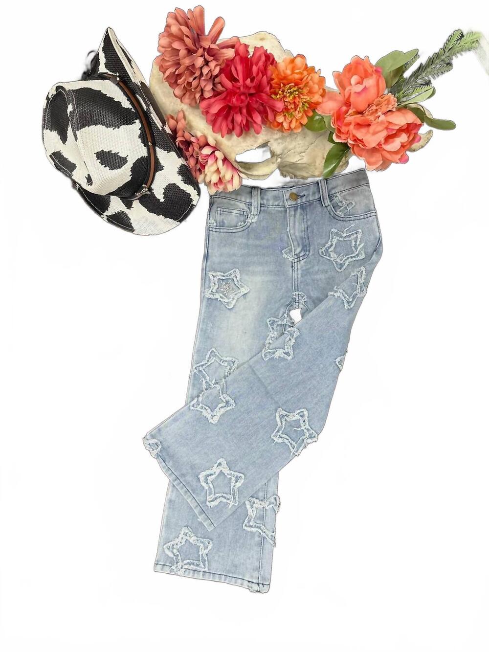 NEW ML KIDS girl's wide leg frayed star jeans in blue